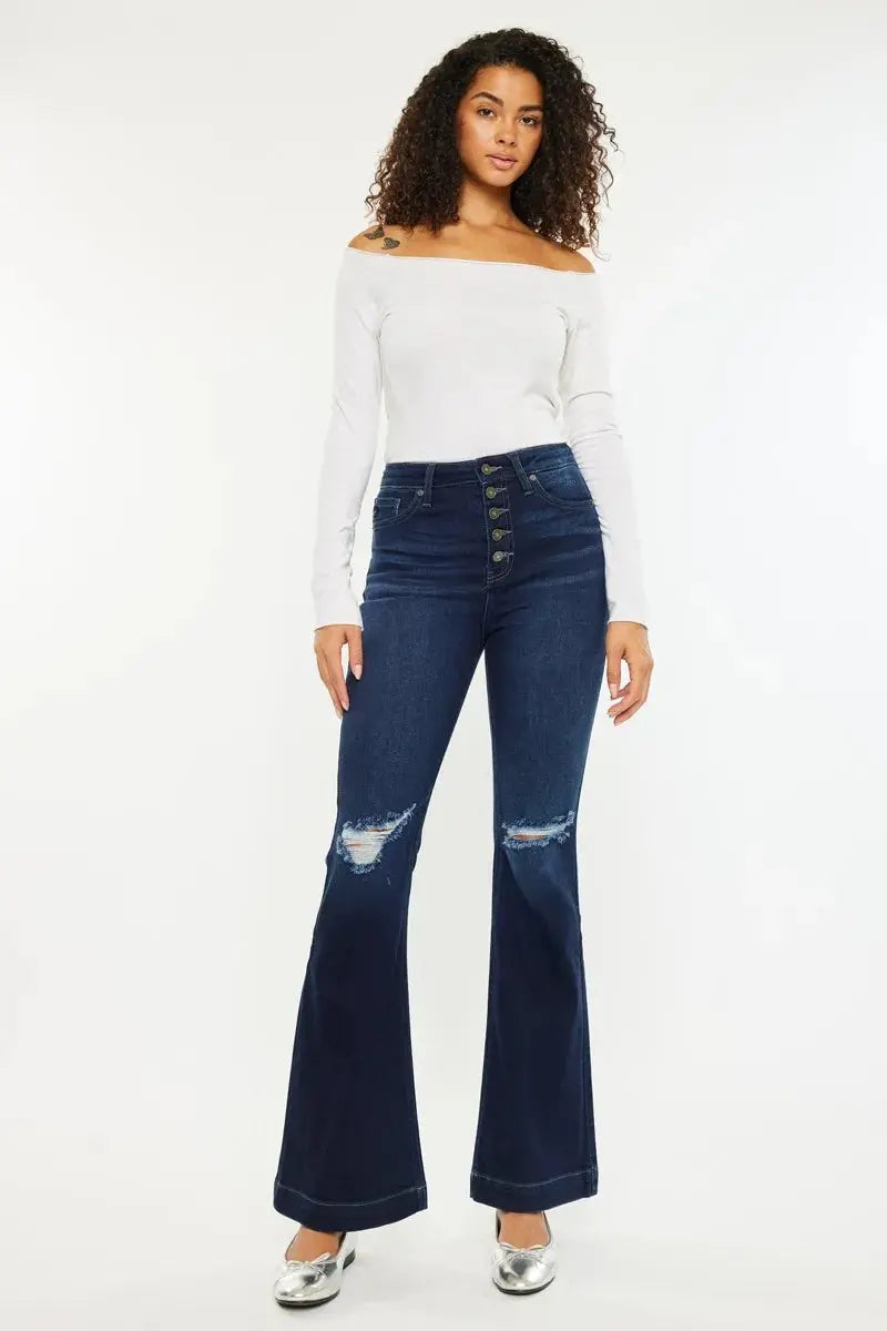Button Fly High Rise Distressed Kancan Flare Jeans - Be Bliss Boutique