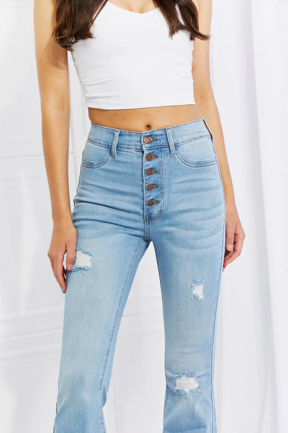 Vibrant MIU Full Size Jess Button Flare Jeans - Be Bliss Boutique