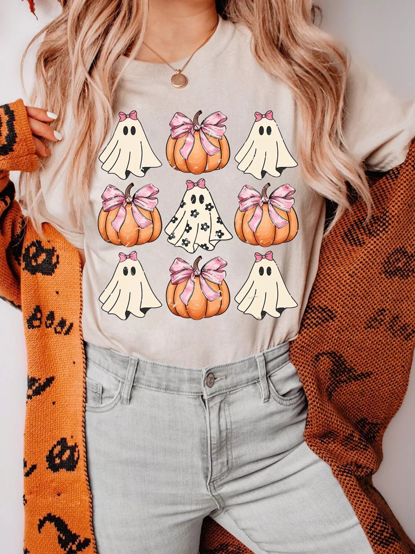 Halloween Bowknot Ghost Pumpkin Graphic T Shirt -  Be Bliss Boutique