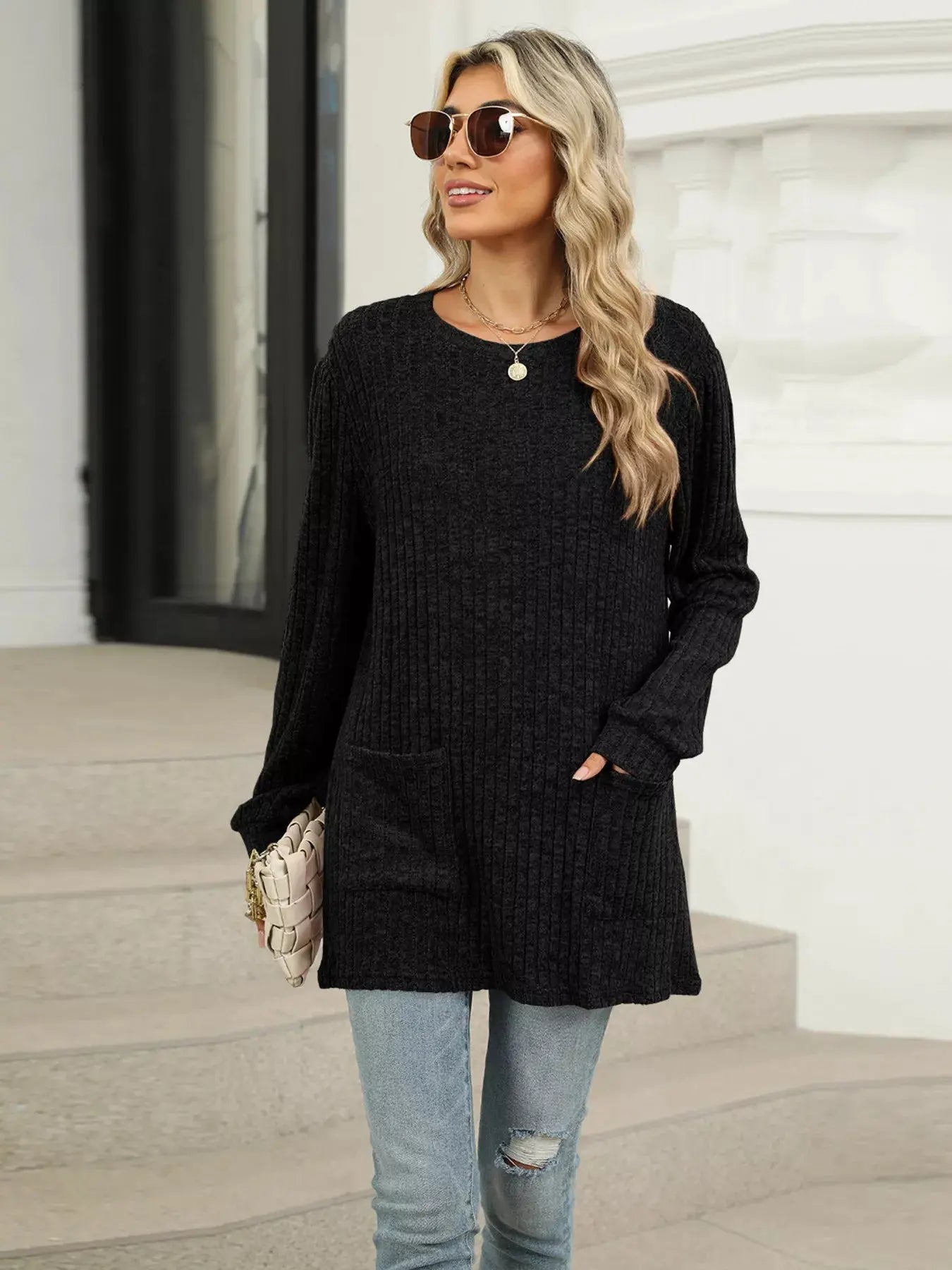 Cozy Ribbed Knit Long Sleeve Tunic Top with Pockets - Be Bliss Boutique