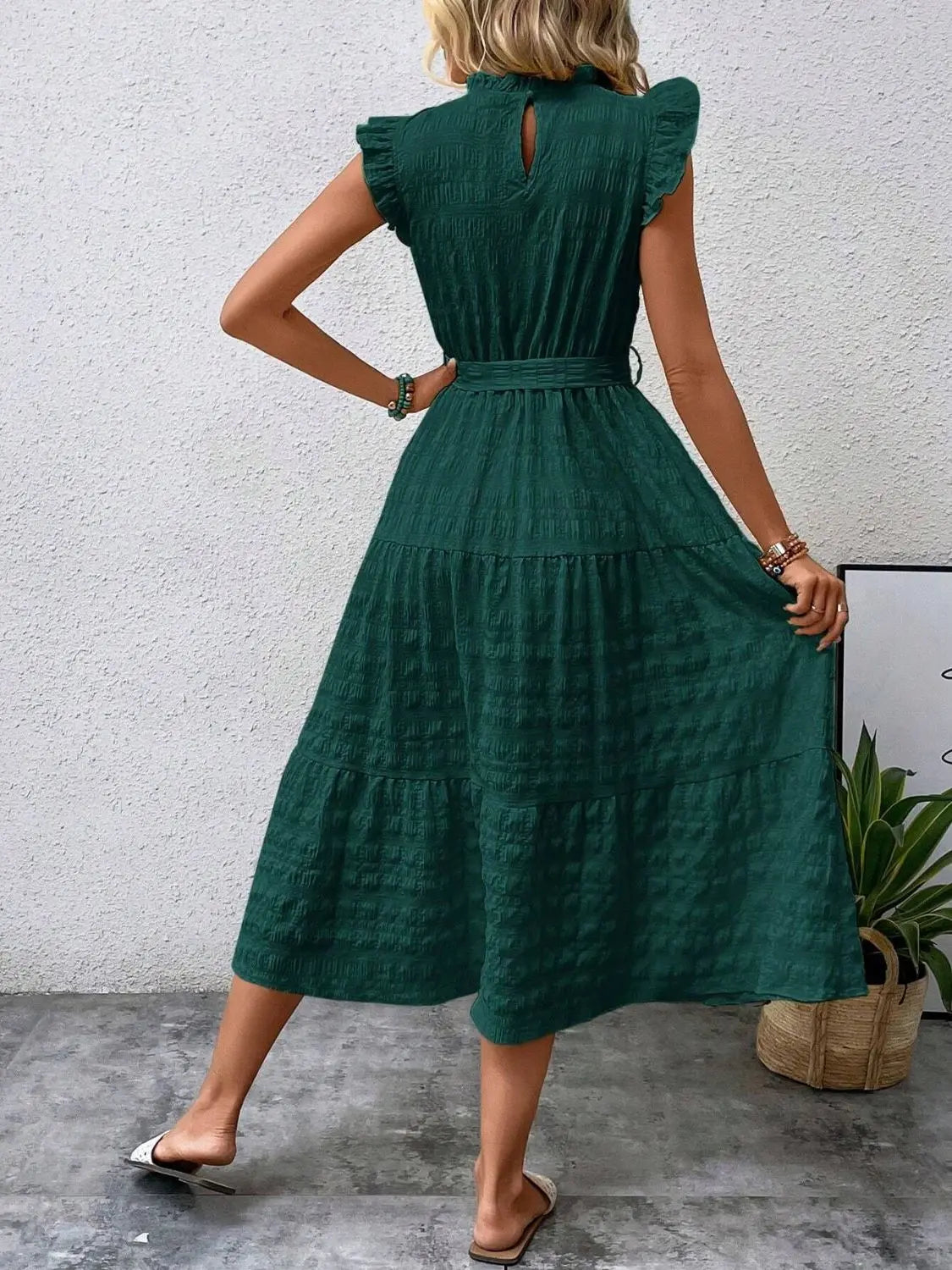 Tied Ruffled Cap Sleeve Midi Dress - Be Bliss Boutique