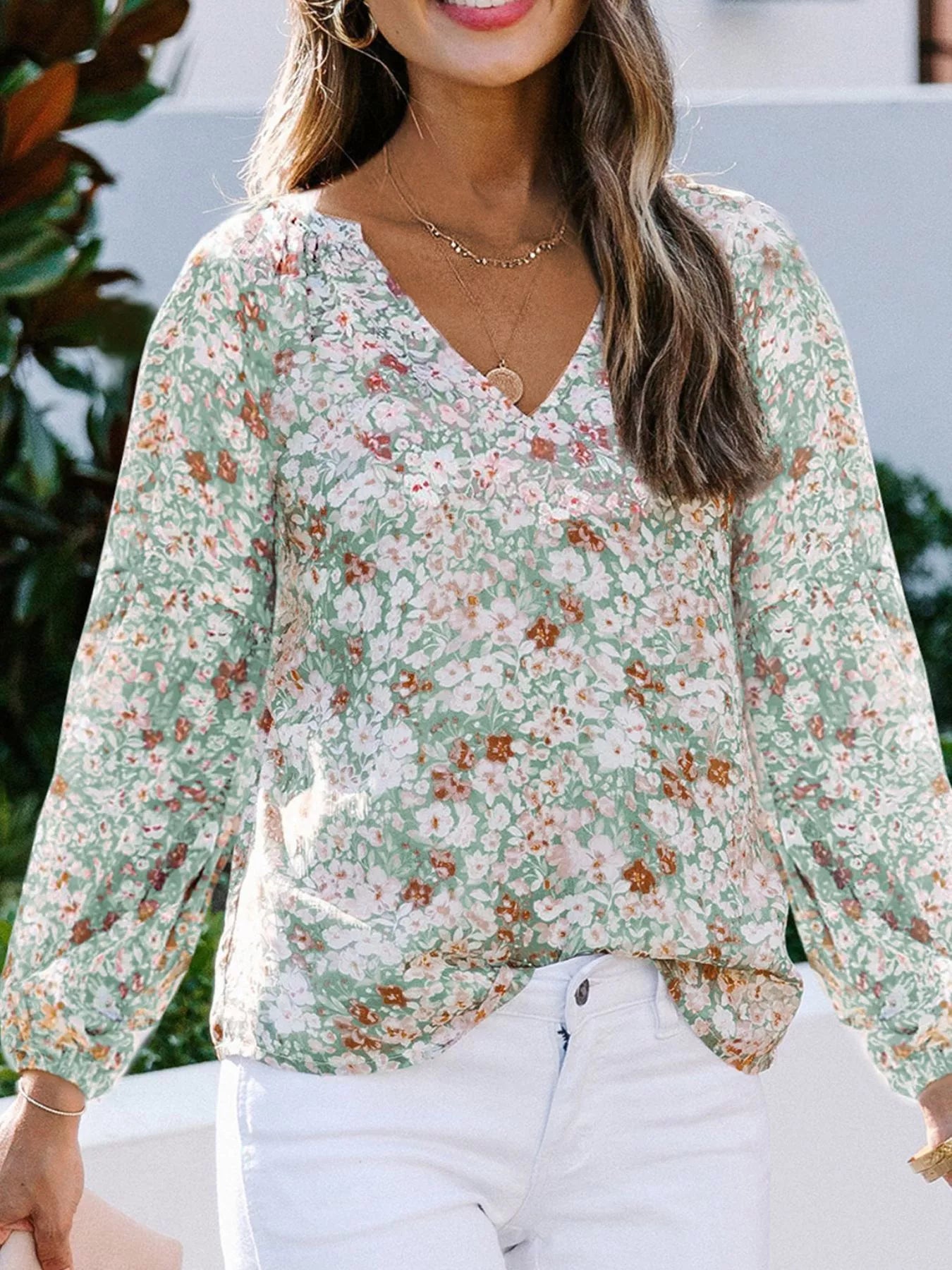 Full Size Floral Print V Neck Long Sleeve Blouse - Be Bliss Boutique