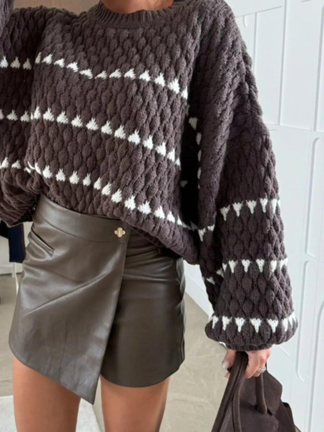 Striped Chunky Knit Sweater with Balloon Sleeves - Be Bliss Boutique