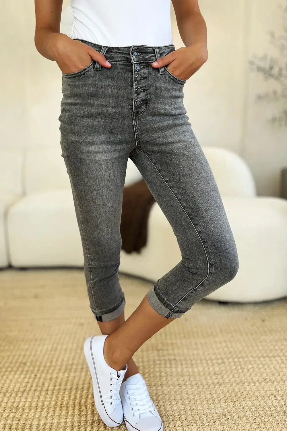 Judy Blue Jeans - Full Size Button Fly High Waist Cuffed Capris - Be Bliss Boutique