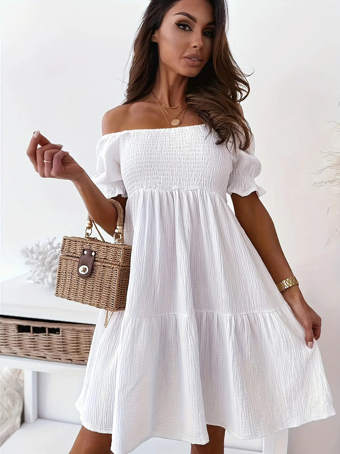 Full Size Ruffled Off Shoulder Short Sleeve Dress - Be Bliss Boutique