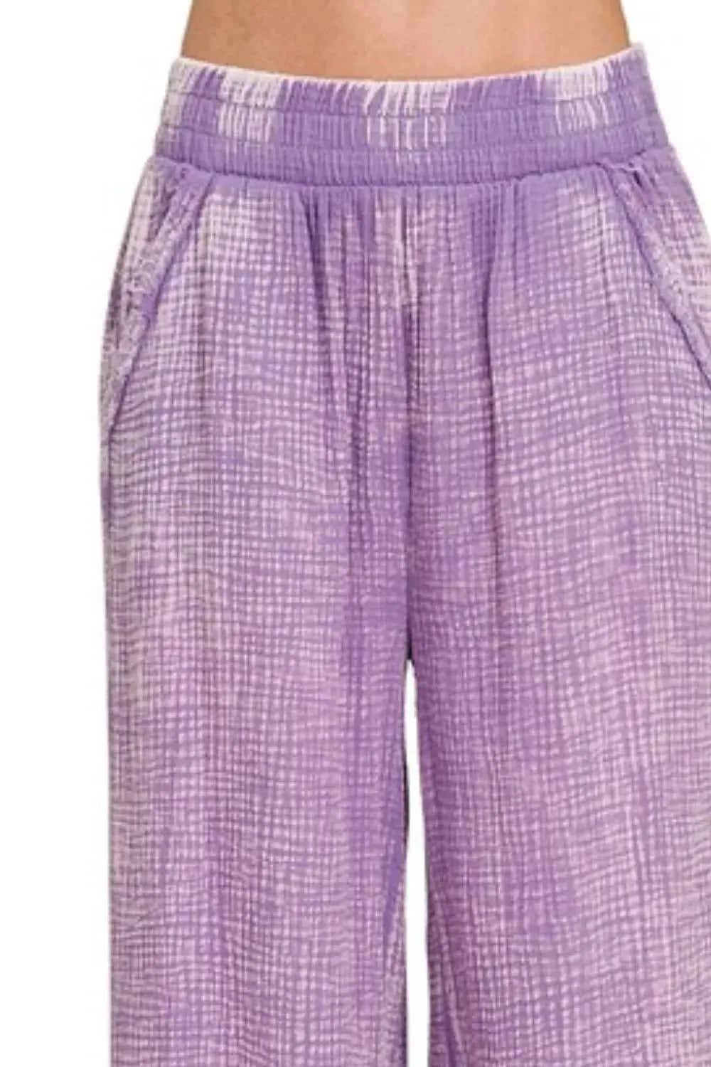 Zenana Lavender Washed Double Gauze Wide Leg Cotton Lounge Pants - Be Bliss Boutique