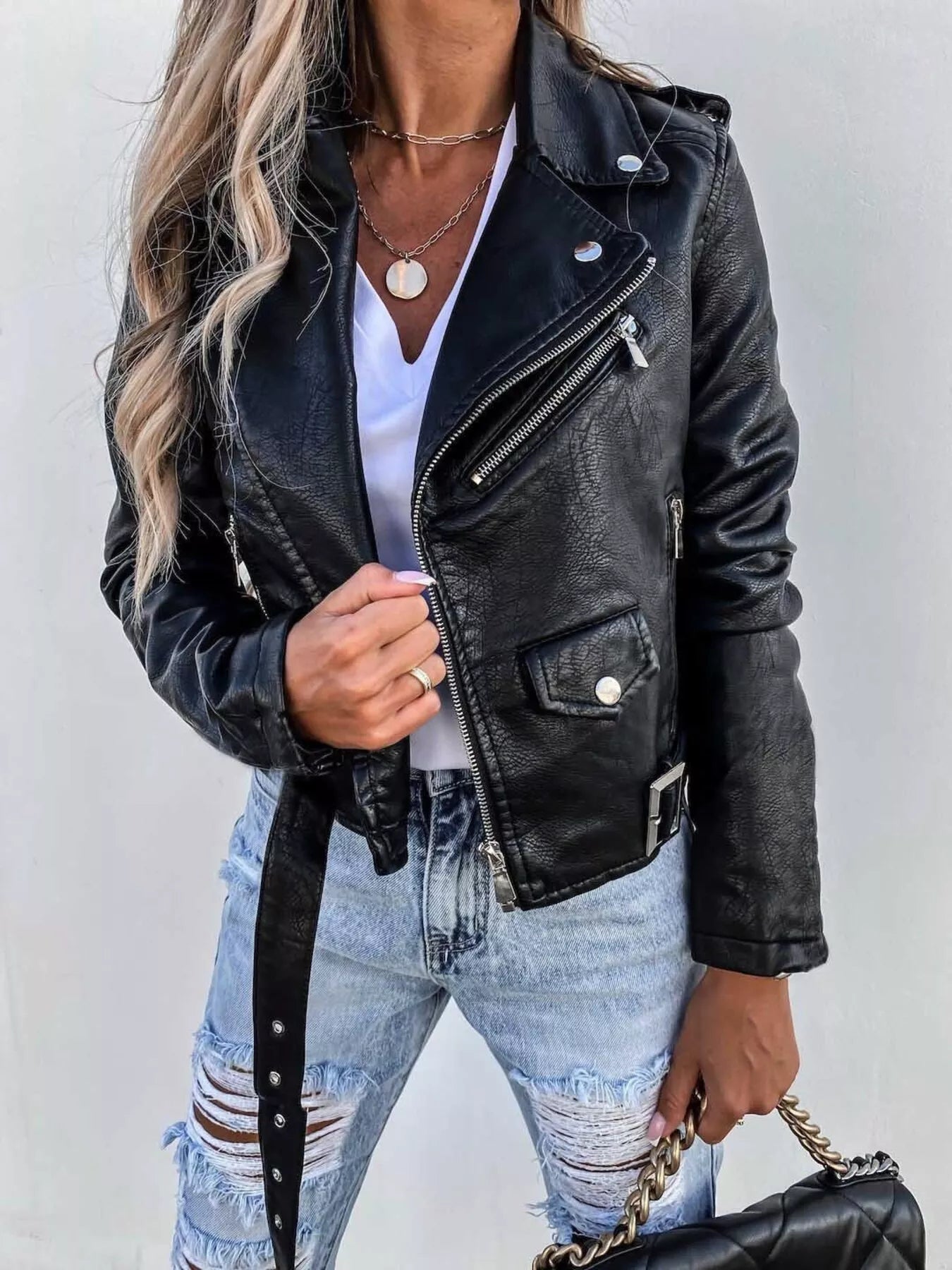 Full Size Zip Up Leather Motorcycle Biker Jacket Plus Size -  Be Bliss Boutique