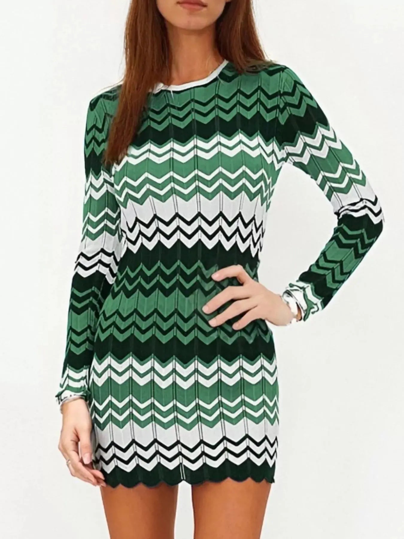 Openwork Wave Pattern Long Sleeve Sweater Dress - Be Bliss Boutique