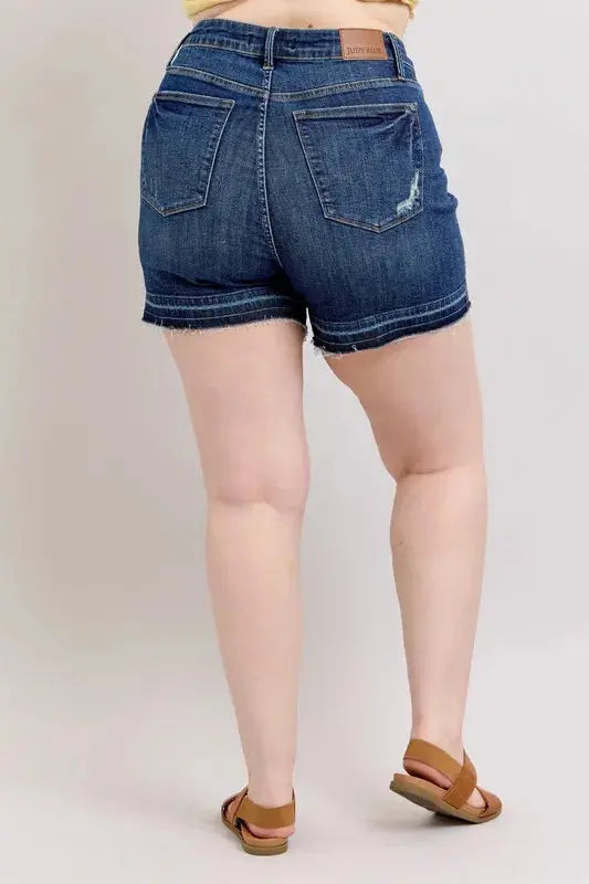 Judy Blue Jeans - Plus Size High Waist Tummy Control Destroy Release Hem Denim Shorts - Be Bliss Boutique