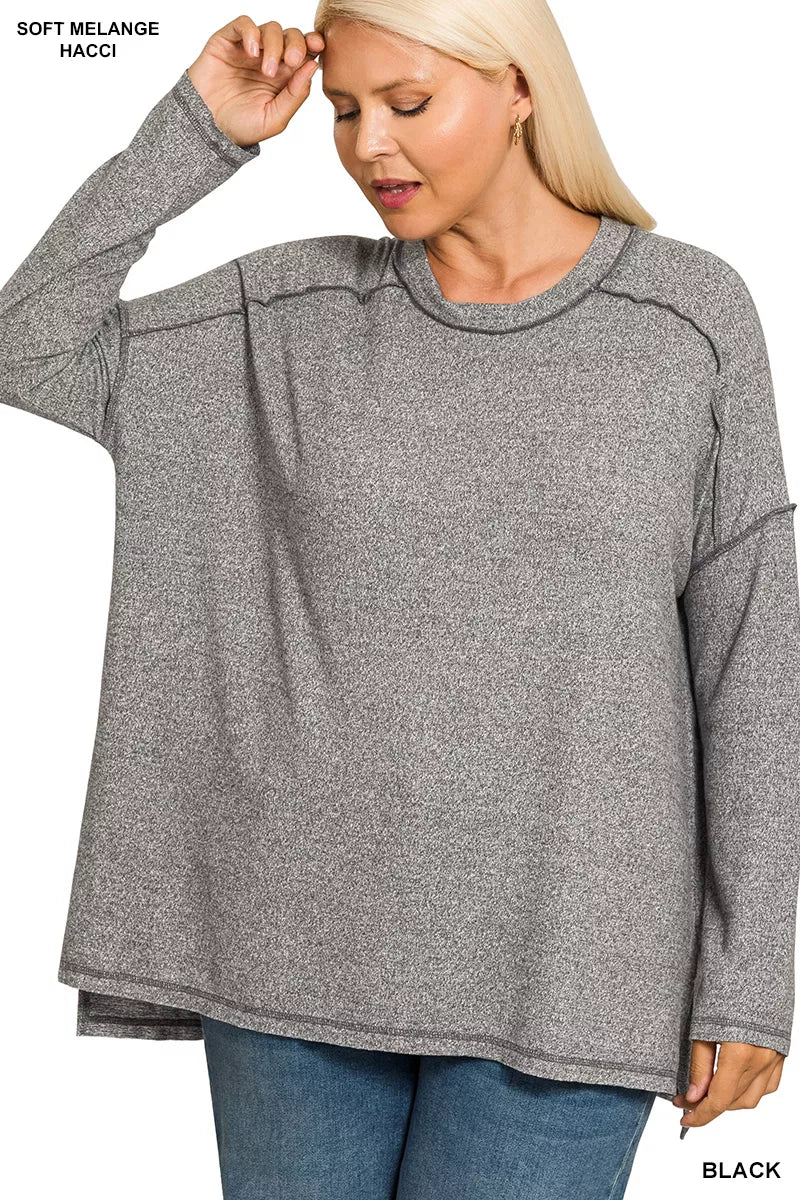 Zenana Full Size Melange Hacci Exposed Seam Hi-low Tee Plus Size - Be Bliss Boutique