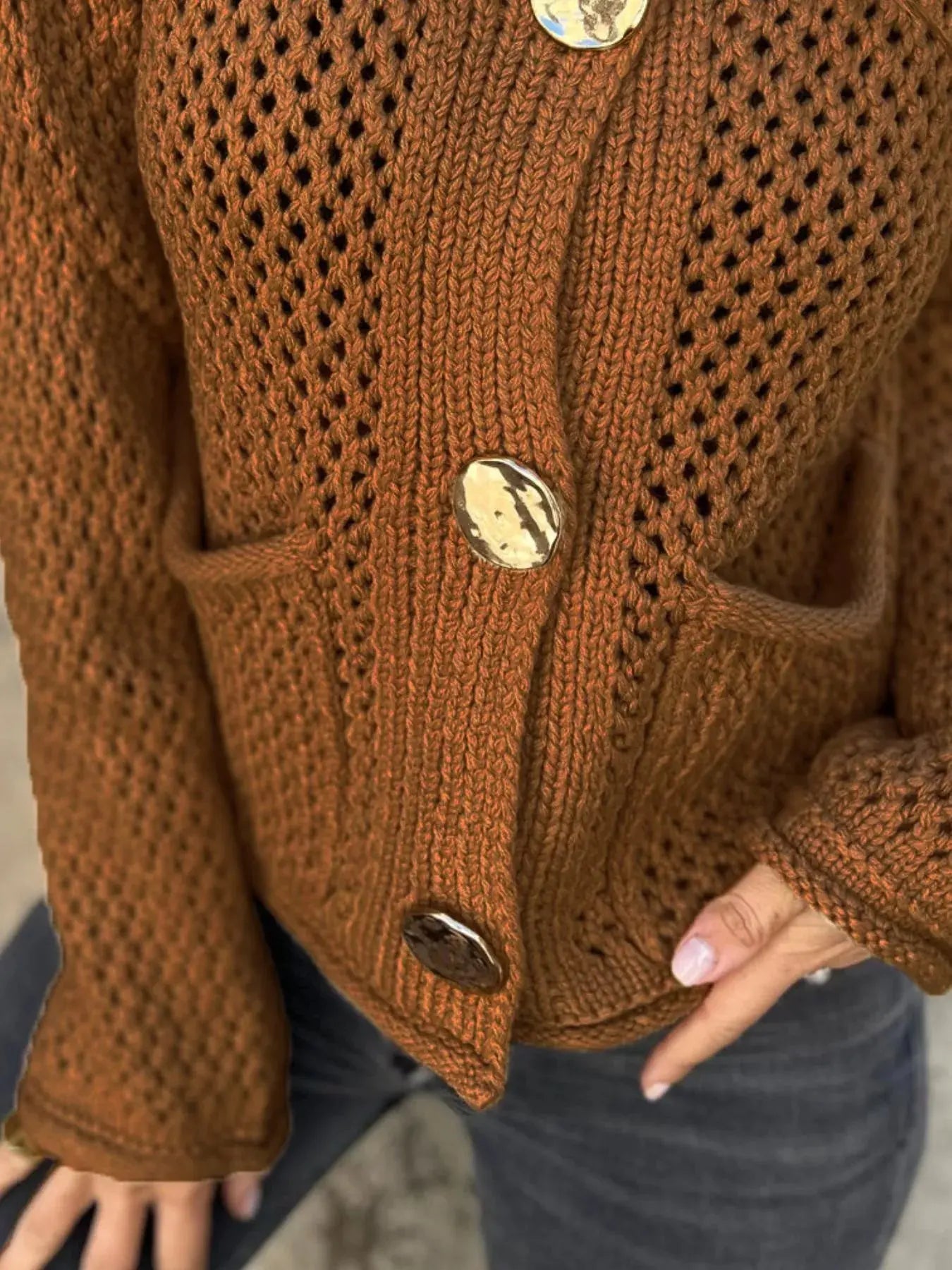 Crochet Button Up Long Sleeve Cardigan - Be Bliss Boutique