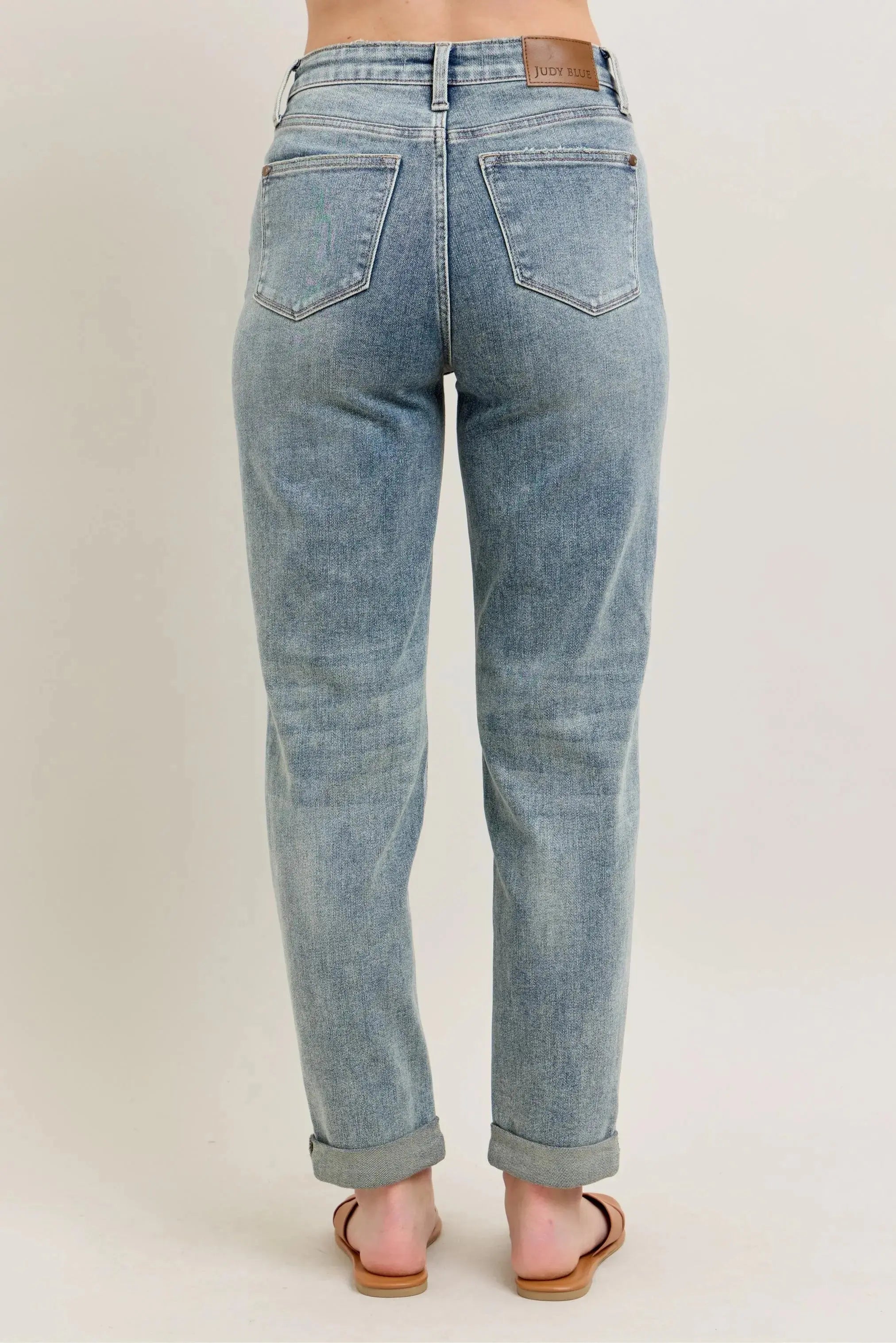 Judy Blue Jeans - Full Size High Waist Vintage Wash Double Roll Cuff Boyfriend Fit - Be Bliss Boutique