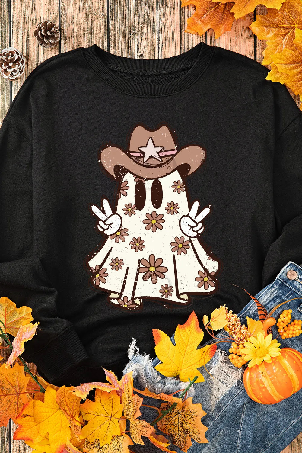 Ghost Round Neck Long Sleeve Sweatshirt -  Be Bliss Boutique