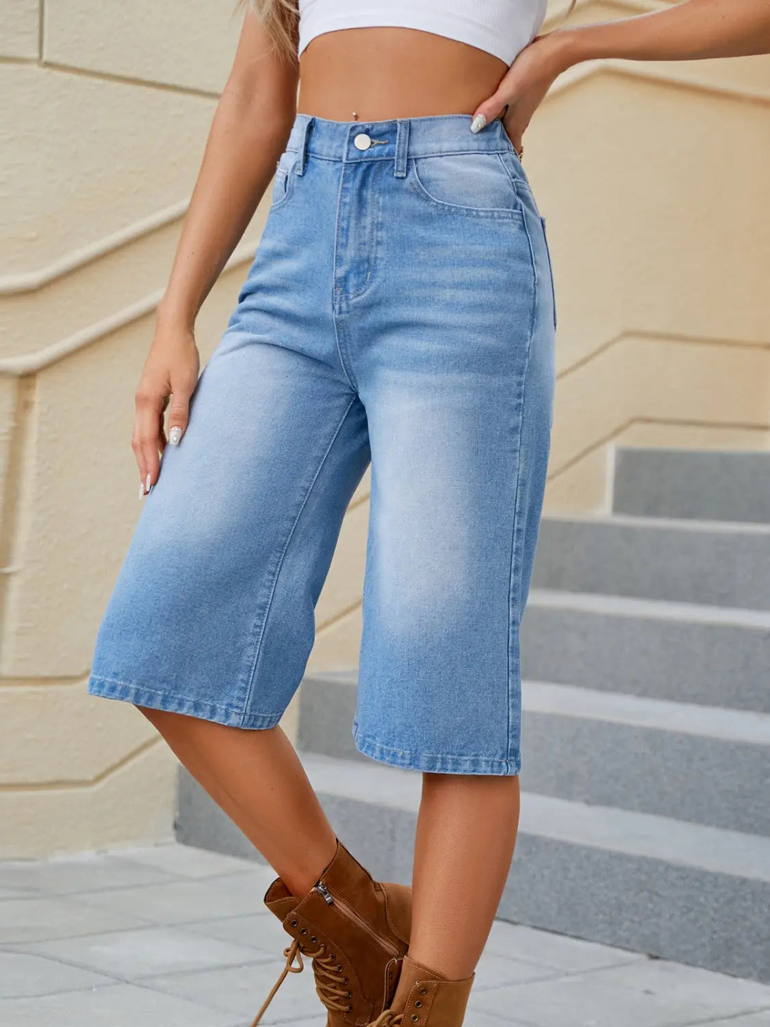High Waist Denim Shorts with Pockets - Be Bliss Boutique