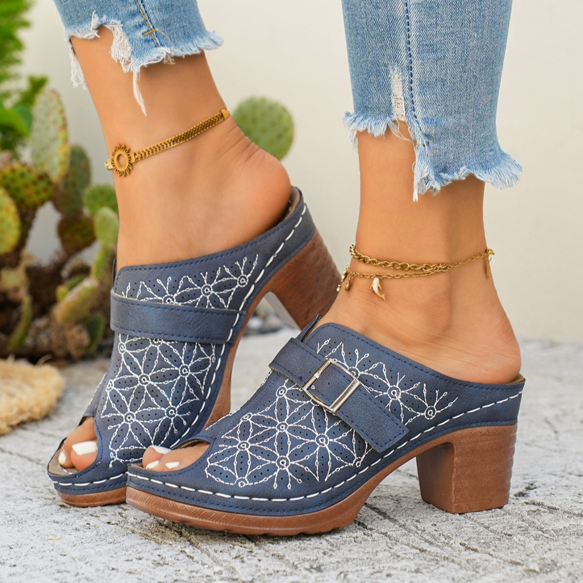 Buckle Decor Block Heel Sandals - Be Bliss Boutique