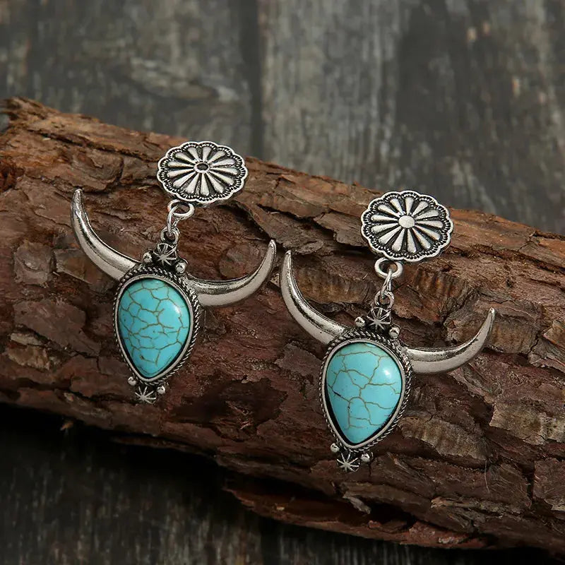 Western Cow Head Turquoise Statement Earrings - Be Bliss Boutique