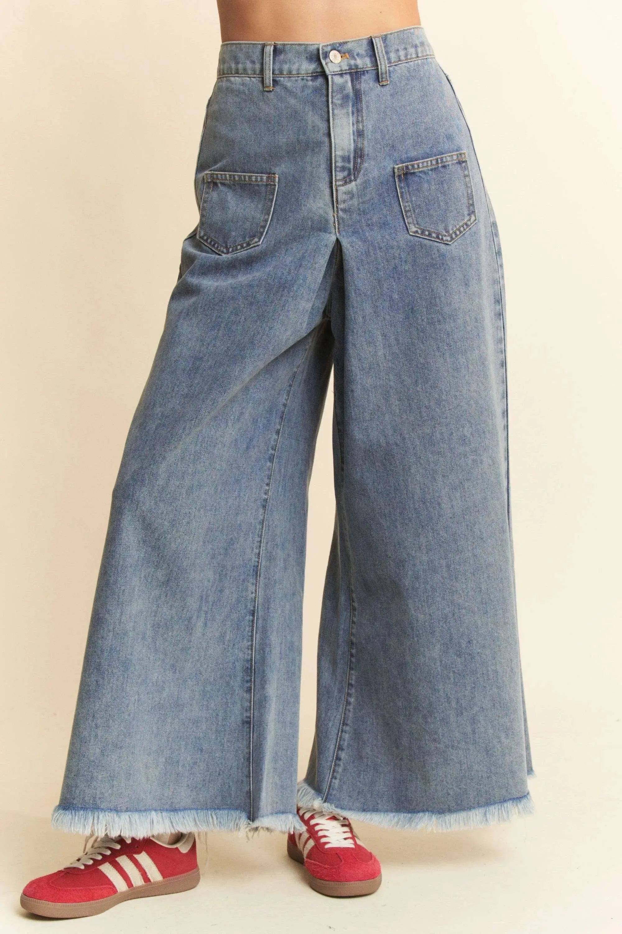 Davi & Dani Raw-Hem Patch-Pocket Wide Leg Culotte Jeans - Be Bliss Boutique