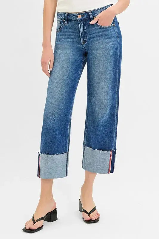 Full Size/Plus Size Tummy Control Mid Rise Crop Wide Cuffed RISEN Jeans - Be Bliss Boutique
