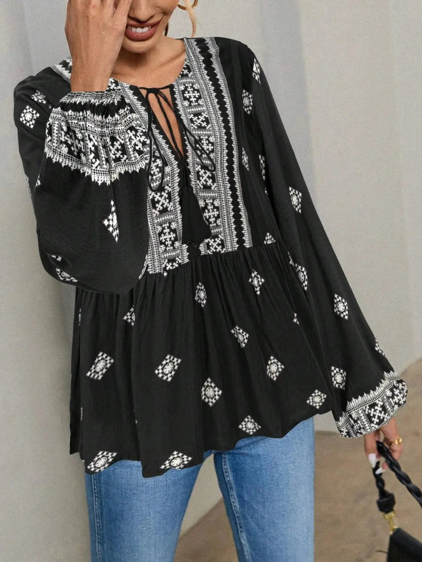 Tie Front Long Sleeve Boho Blouse - Be Bliss Boutique