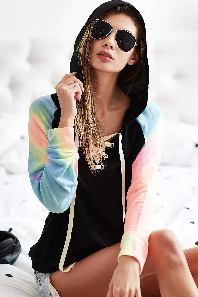 BiBi French Terry Lace Up Hoodie With Tie Dye Sleeves - Be Bliss Boutique