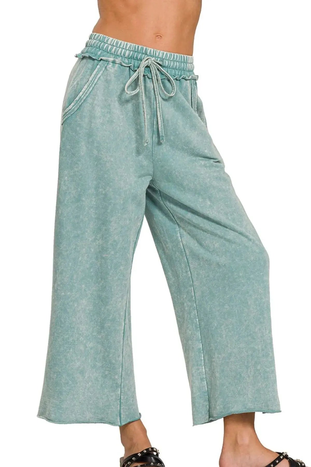 Zenana Washed French Terry Womens Palazzo Pants with Pockets - Be Bliss Boutique