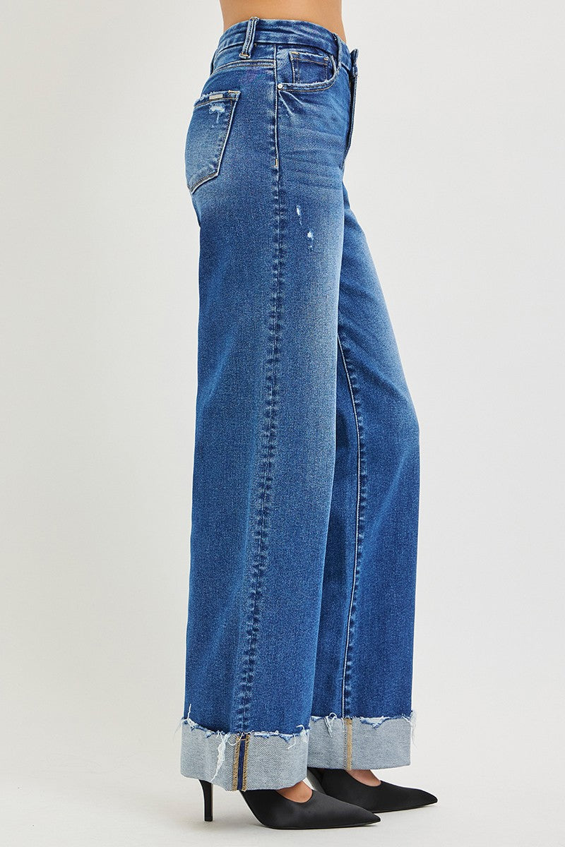 RISEN High Rise Wide Leg Jeans with Cuffed Hem - Be Bliss Boutique