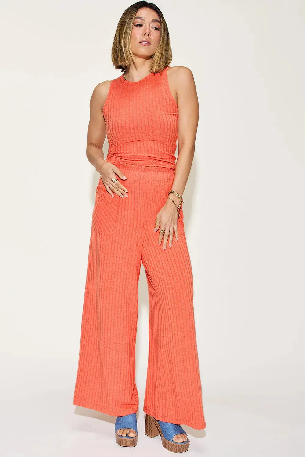 Basic Bae Full Size Ribbed Tank and Wide Leg Pants Set - Be Bliss Boutique