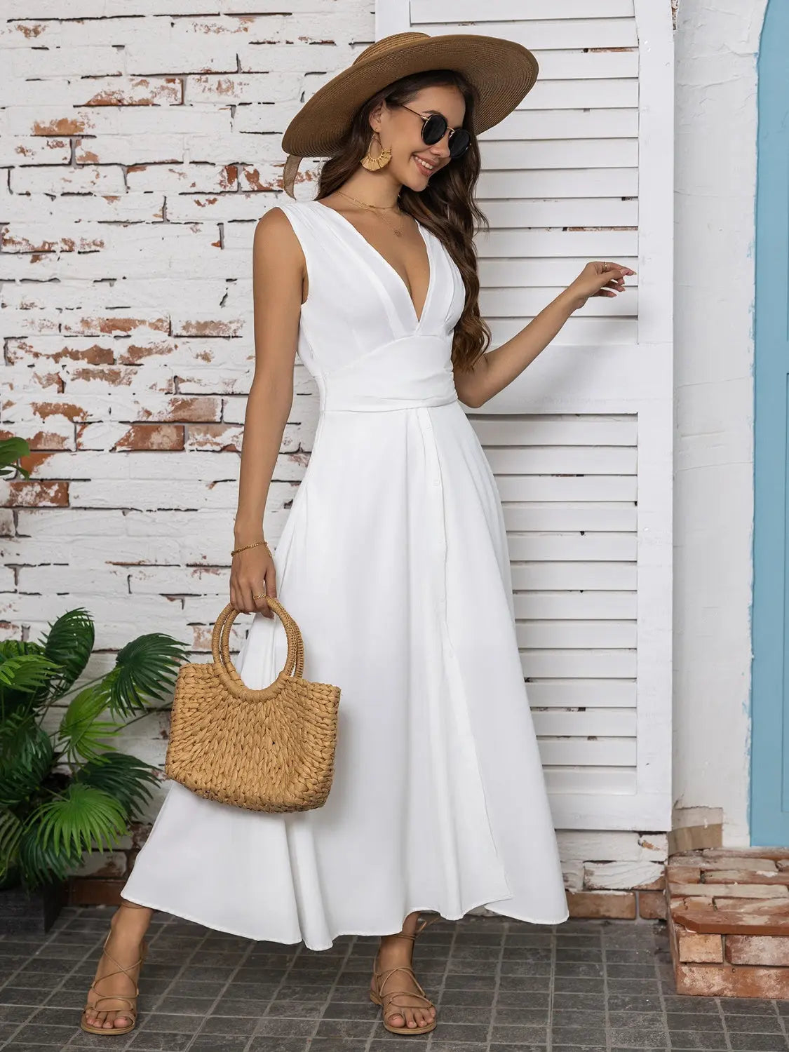 Full Size Slit V-Neck Sleeveless Midi Dress - Be Bliss Boutique