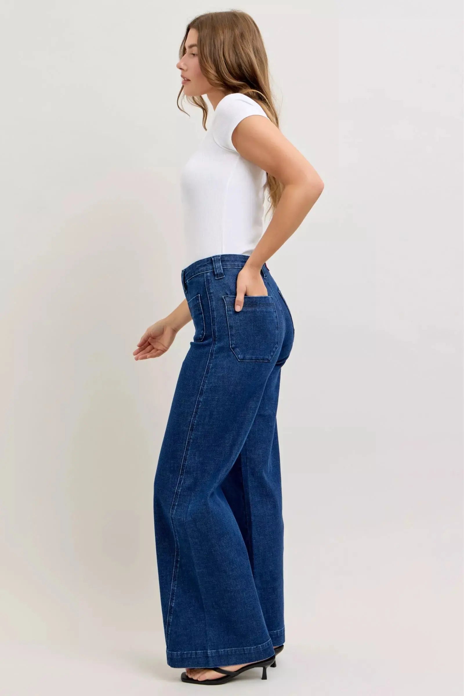 Judy Blue High-Waisted Retro Wide Jeans with Patch Pkts & Twisted Seams - Be Bliss Boutique