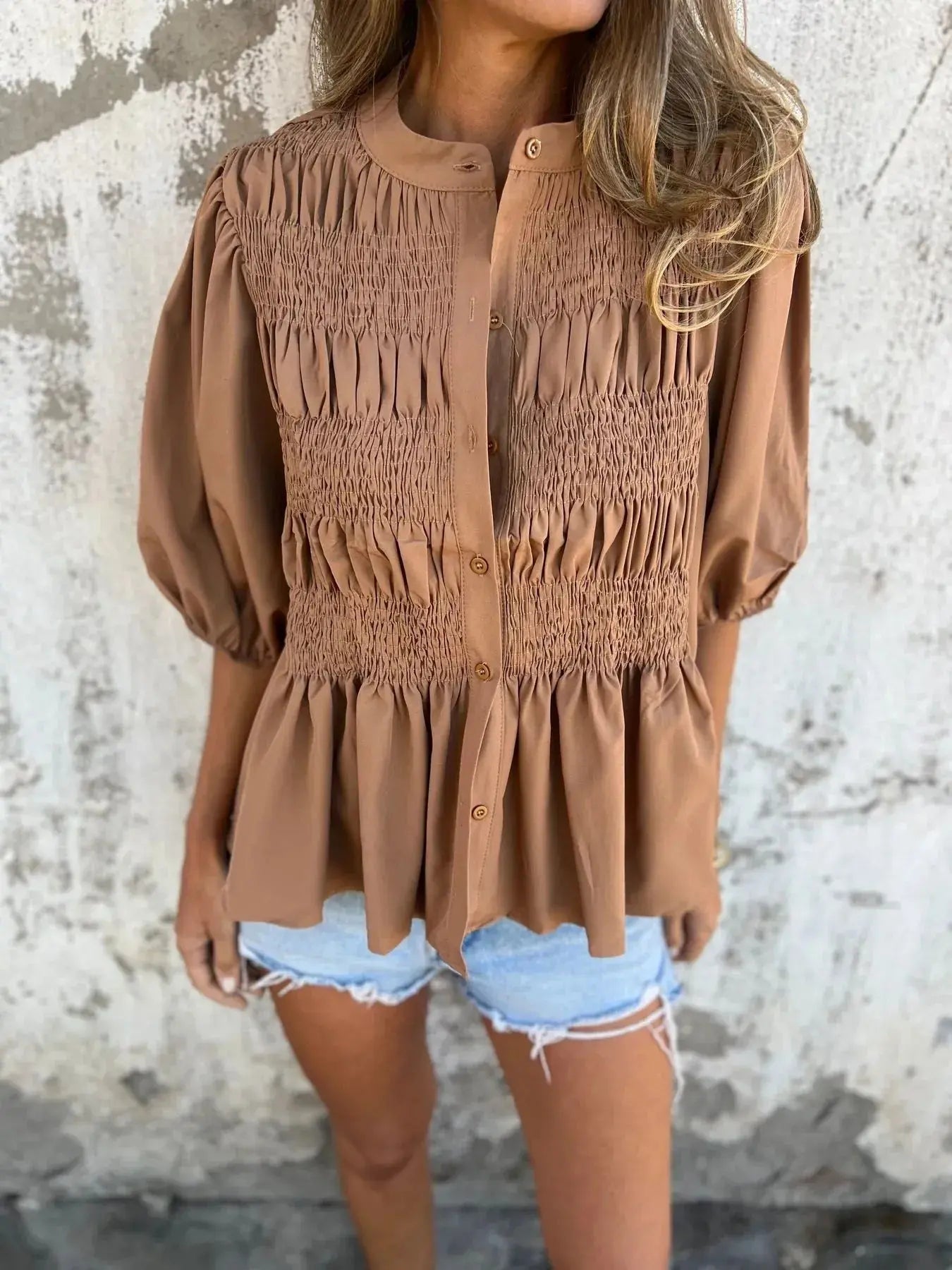 Full Size Red Smocked Button Puff Sleeve Blouse – Plus Size - Be Bliss Boutique