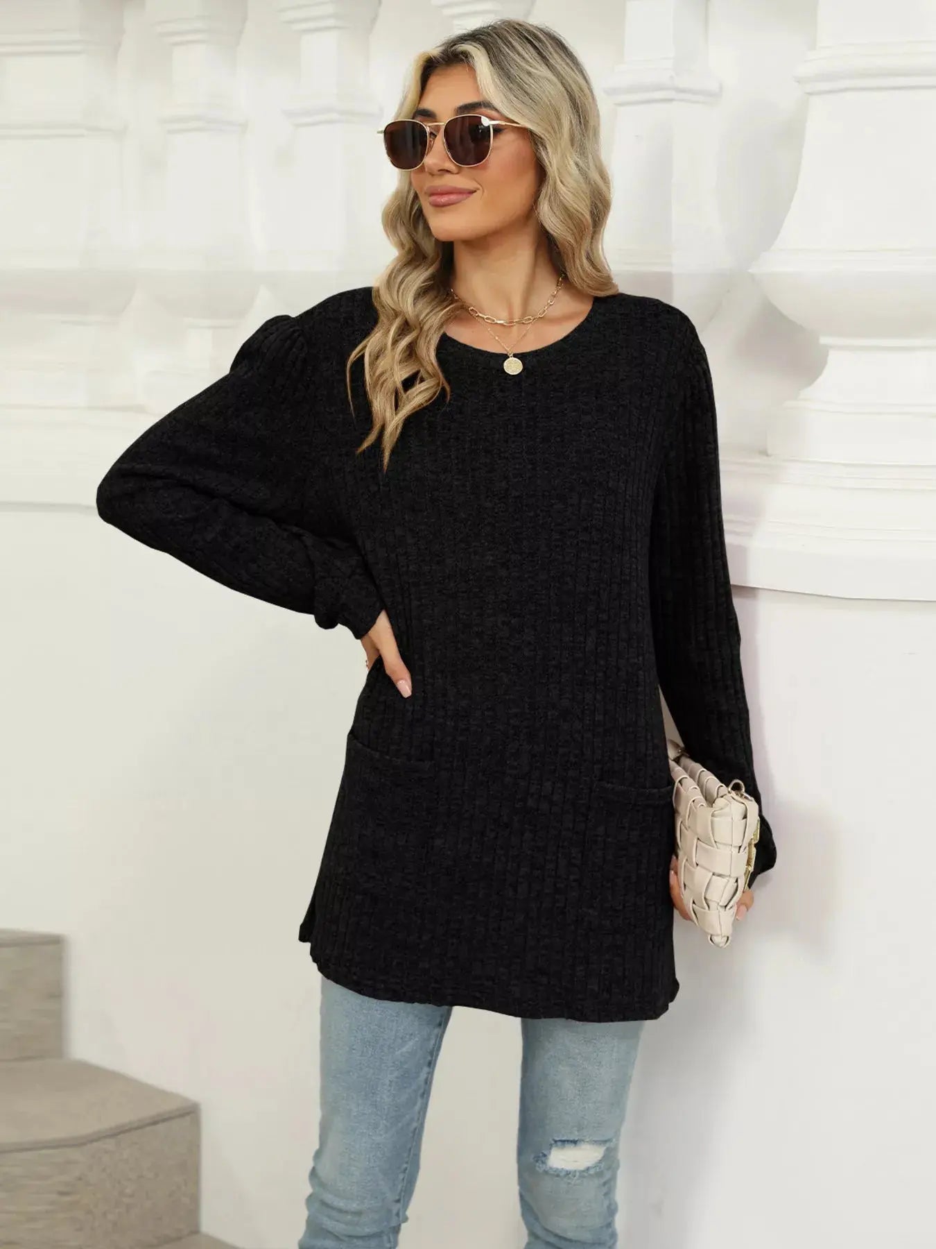 Cozy Ribbed Knit Long Sleeve Tunic Top with Pockets - Be Bliss Boutique