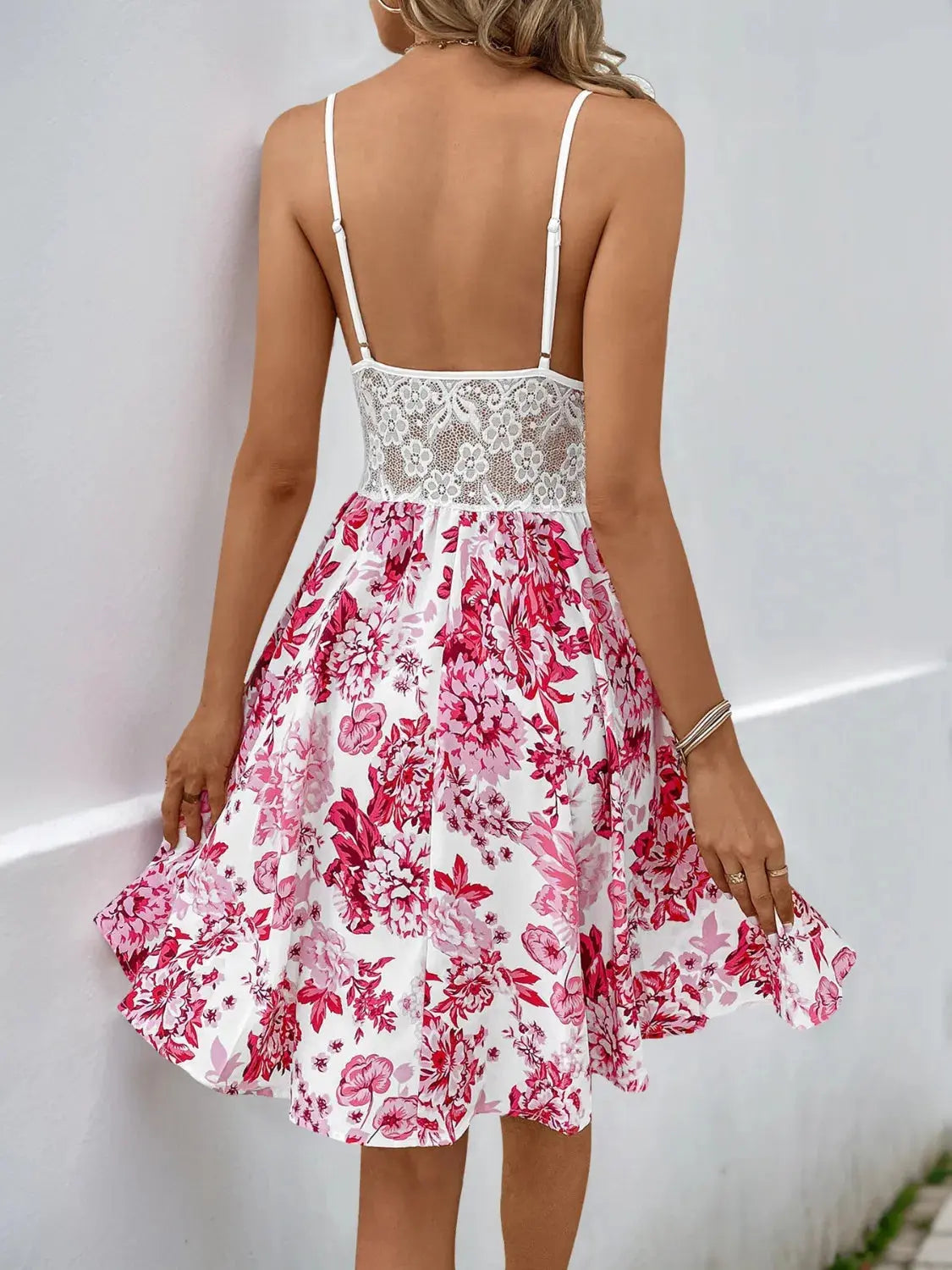 Lace Bodice Floral Print Cutout Cami Dress - Be Bliss Boutique