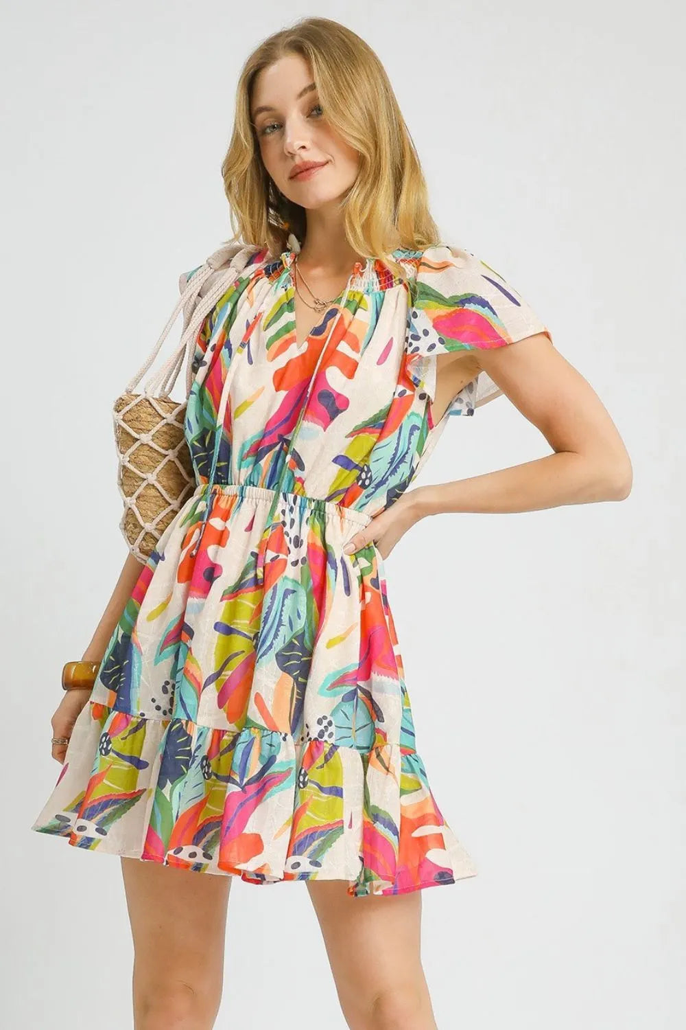 Umgee Tie Neck Ruffle Hem Tropical Mini Dress - Be Bliss Boutique