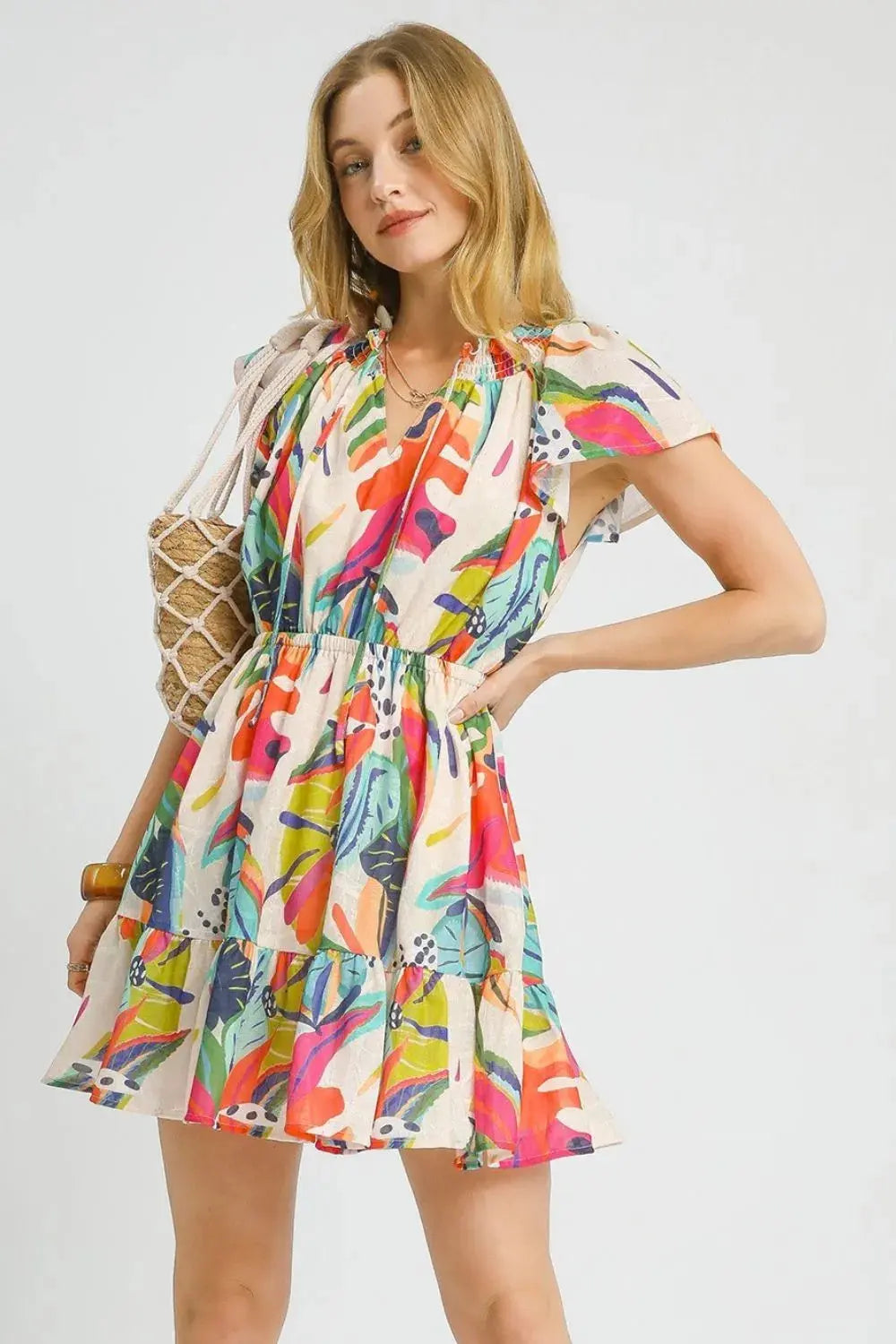 Umgee Tie Neck Ruffle Hem Tropical Mini Dress - Be Bliss Boutique