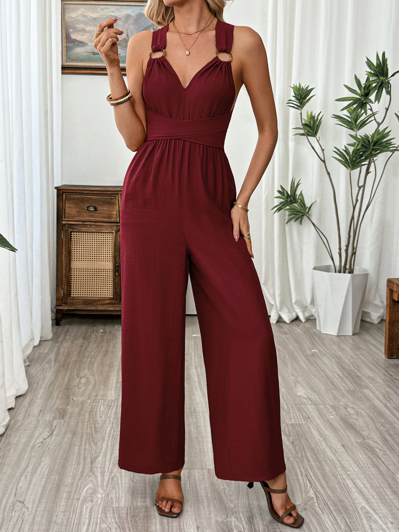V Neck Sleeveless Wide Leg Jumpsuit - Be Bliss Boutique