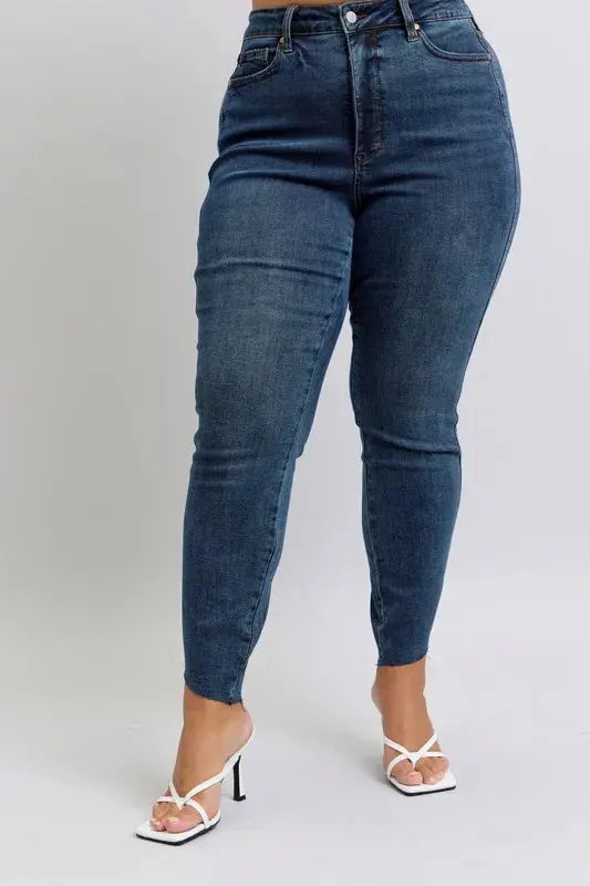 Full Size High Waist Tummy Control Step Hem Skinny Judy Blue Jeans - Be Bliss Boutique