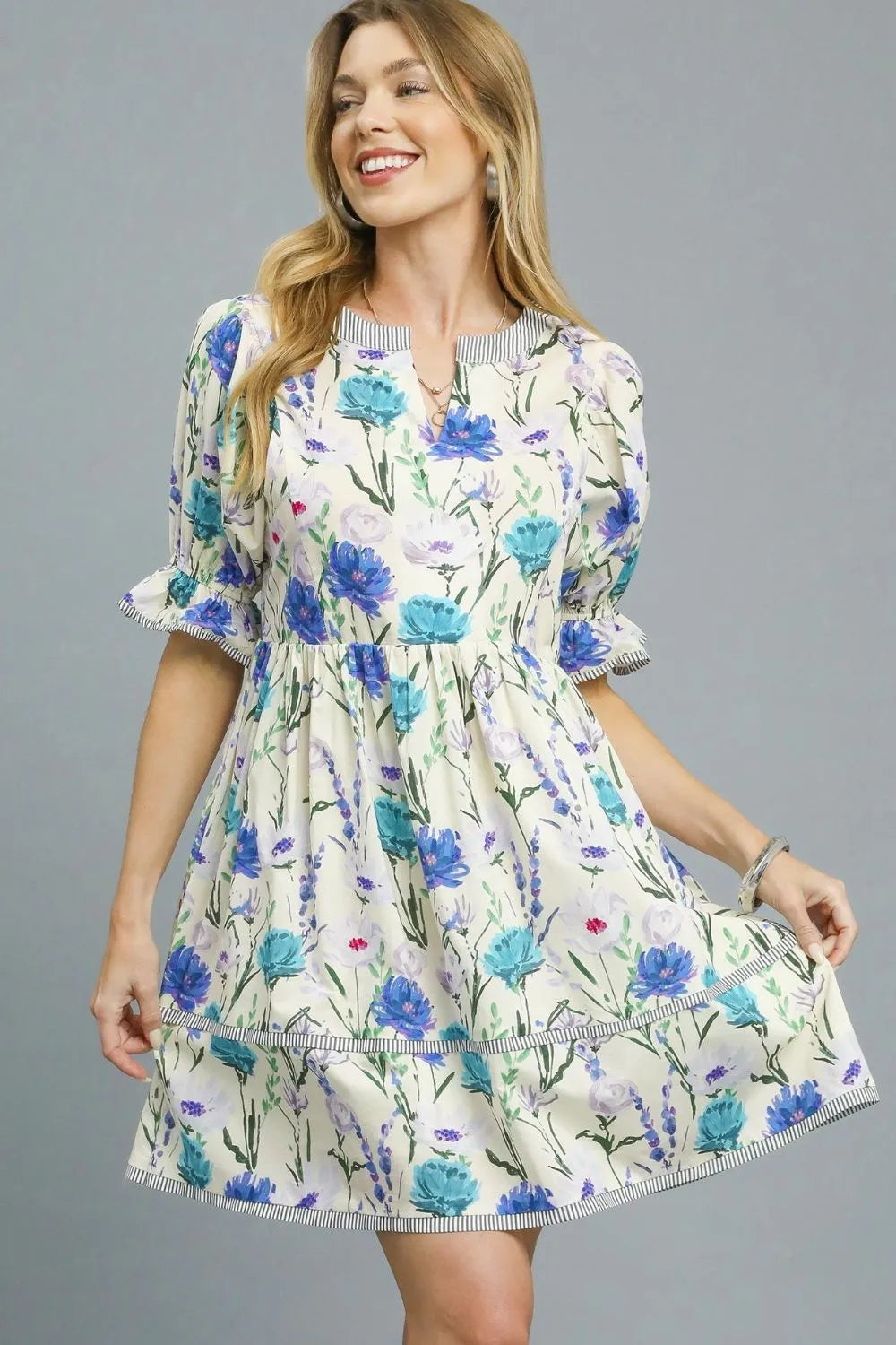 Umgee Floral Striped Hem BabyDoll Mini Dress - Be Bliss Boutique