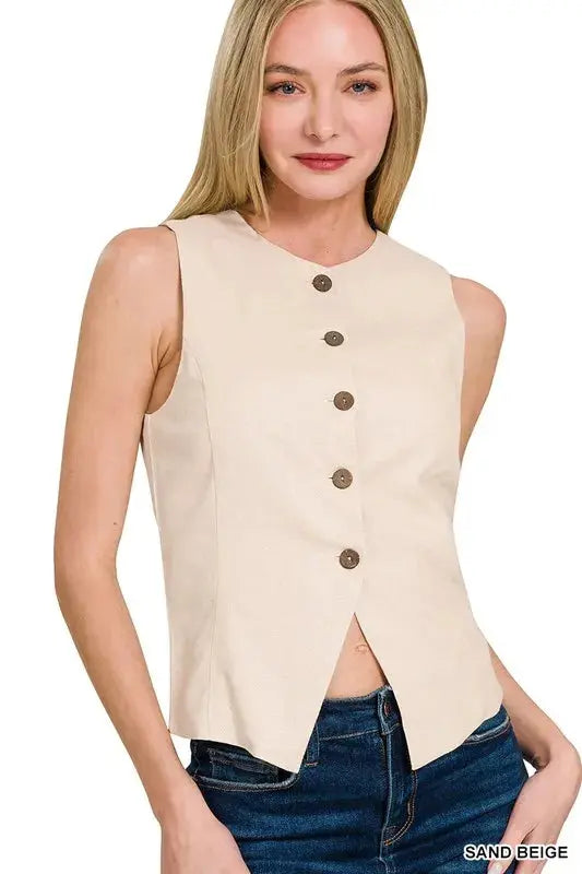 Zenana Beige Linen Button Down Vest - Be Bliss Boutique