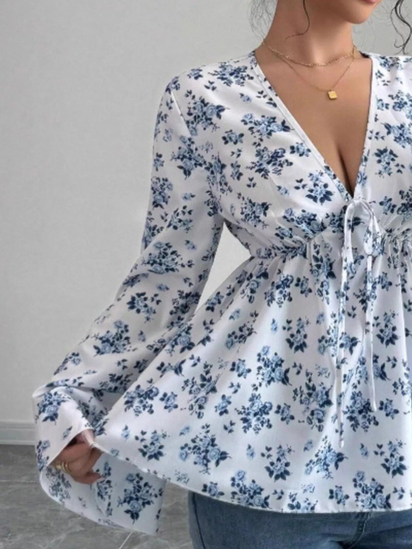 Floral Print V-Neck Long Sleeve Blouse - Be Bliss Boutique
