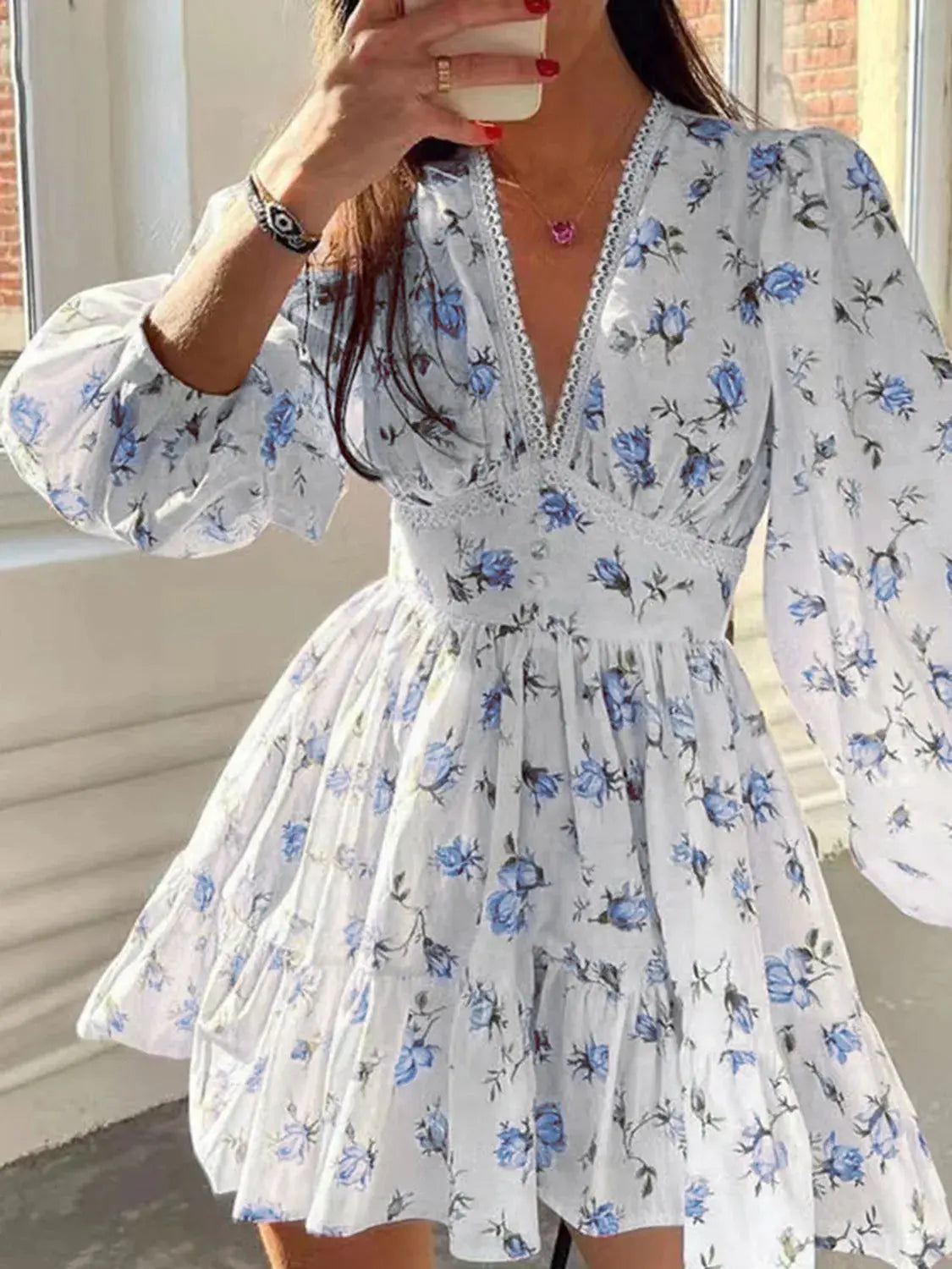 Lace Detail V Neck Balloon Sleeve Dress - Be Bliss Boutique