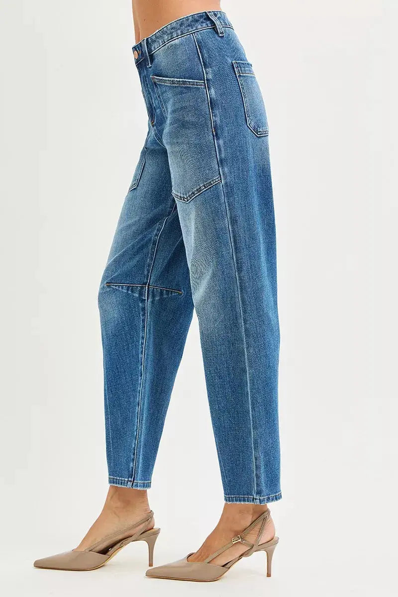 RISEN Jeans - 4 Way Stretch Mid Rise Barrel Jeans with Patch Pocket Detail - Be Bliss Boutique