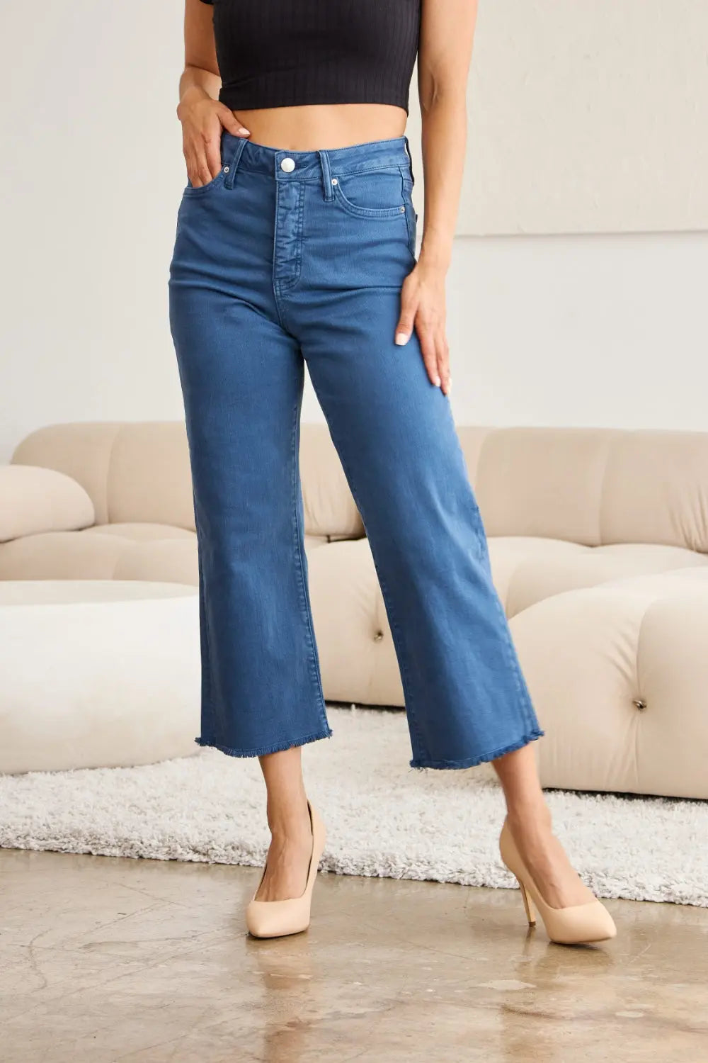 RFM Crop Full Size Tummy Control High Waist Raw Hem Jeans - Be Bliss Boutique
