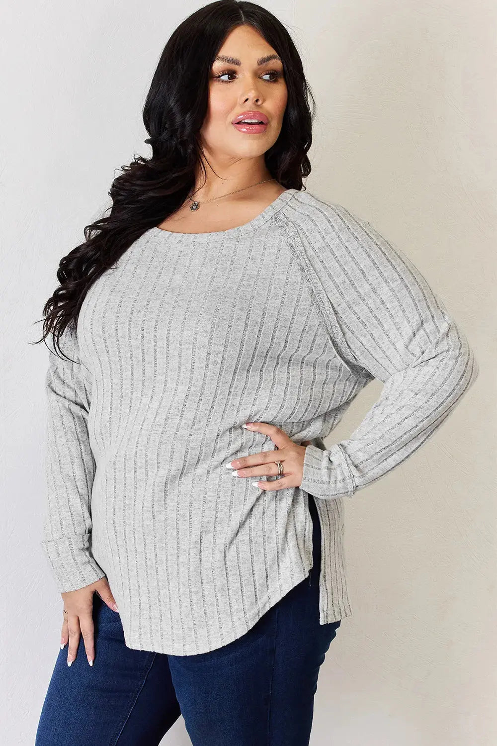 Basic Bae Ribbed Round Neck Slit Womens Long Sleeve T Shirt – Full & Plus Size - Be Bliss Boutique