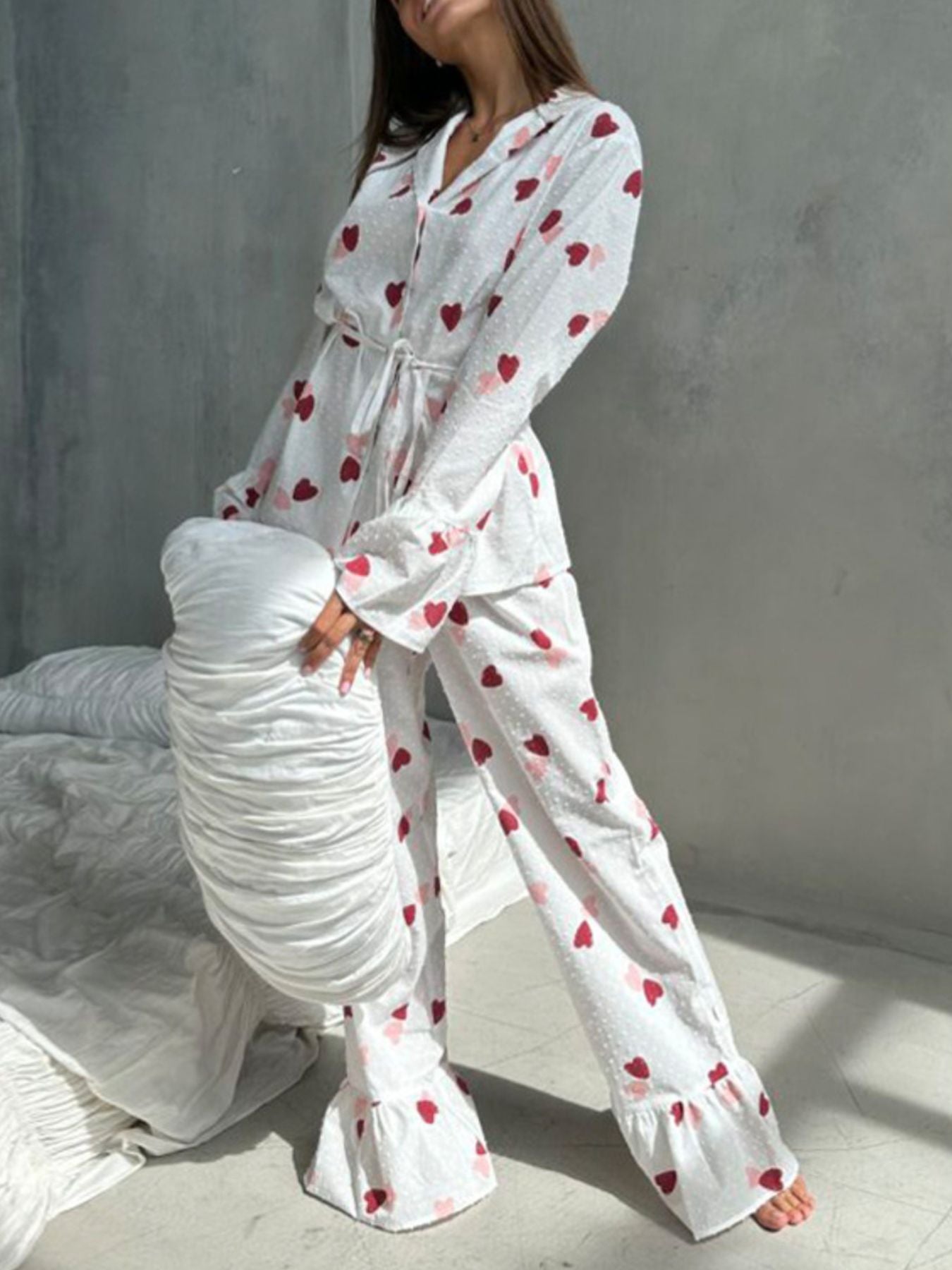 Heart Print Ruffle Trim Button-Up Cotton Lounge Set - Be Bliss Boutique