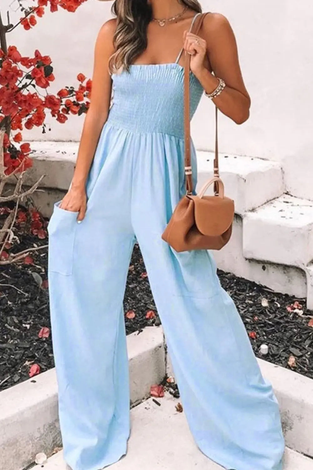 Smocked Spaghetti Strap Wide Leg Jumpsuit - Be Bliss Boutique