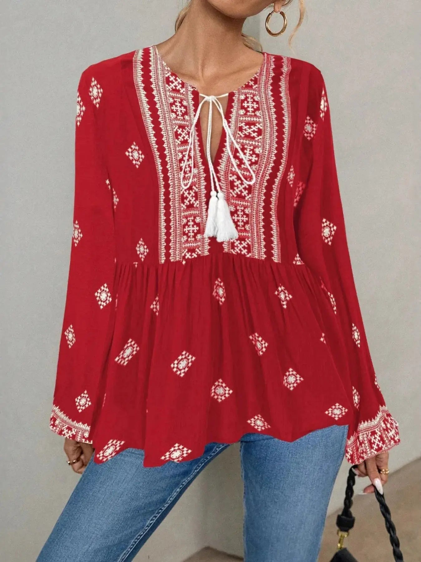 Tie Front Long Sleeve Boho Blouse - Be Bliss Boutique