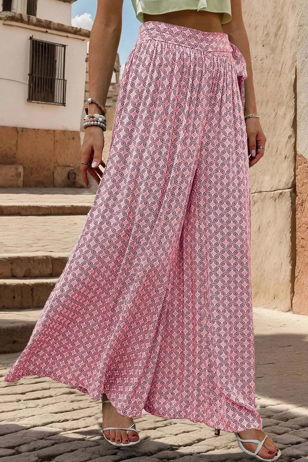 Printed Tied Wide Leg Pants - Be Bliss Boutique