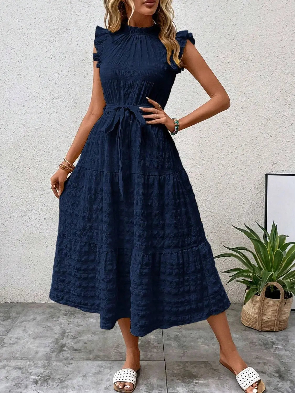 Tied Ruffled Cap Sleeve Midi Dress - Be Bliss Boutique