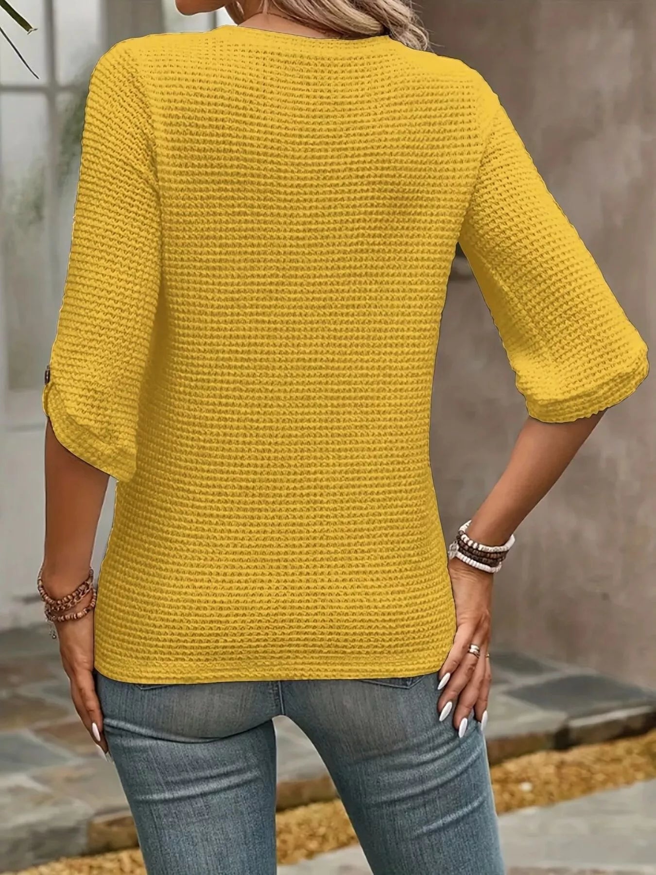 Waffle-Knit Round Neck Knit Top - Be Bliss Boutique