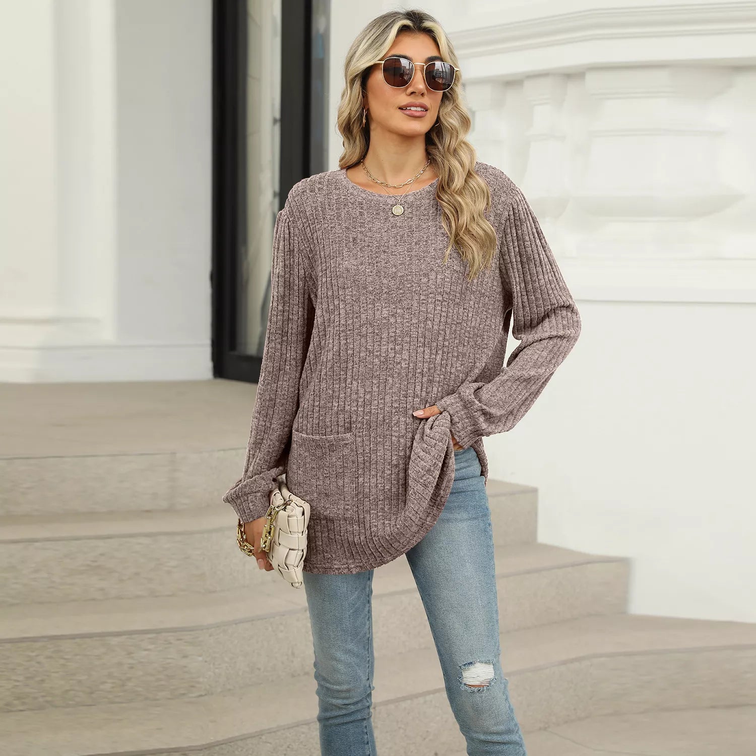 Ribbed Knit Long Sleeve T-Shirt -  Be Bliss Boutique